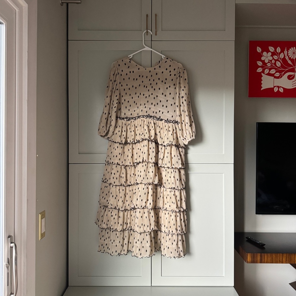 Ganni black and beige polka dot ruffle dress